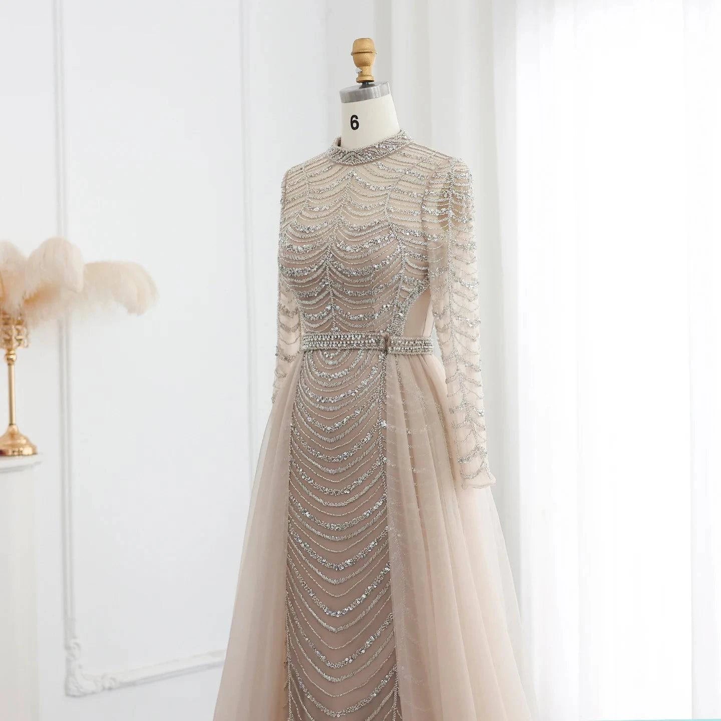 Long Sleeve Champagne Gown with Overskirt - Riviera Couture