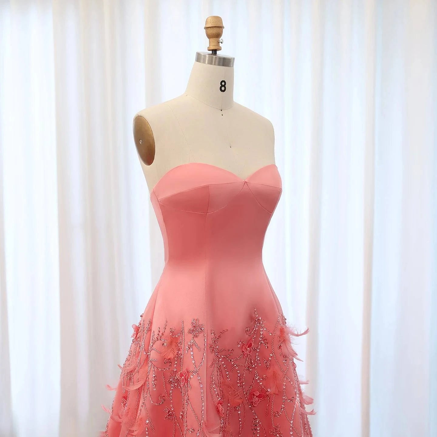 Feathers Coral Pink Evening Dress - Riviera Couture