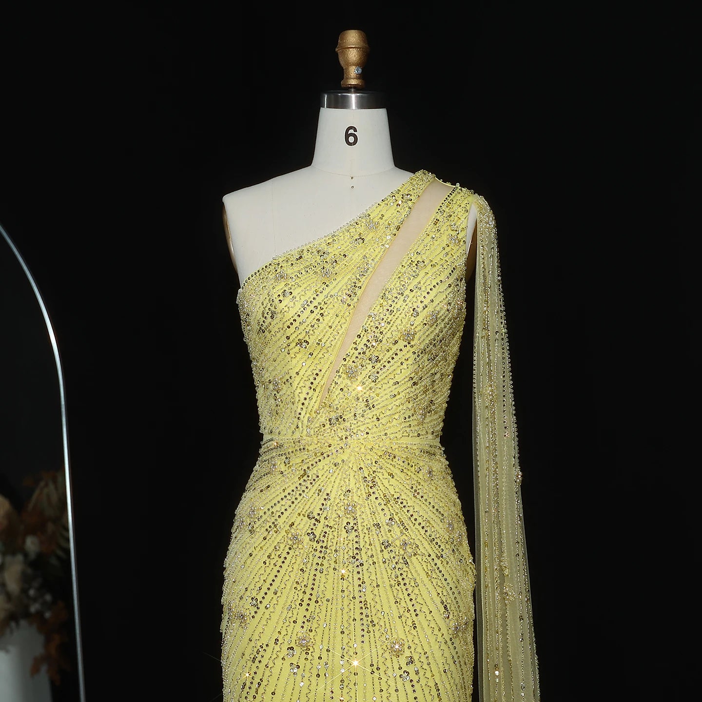 Yellow Black One-Shoulder Mermaid Evening Gown with Yellow Flowing Cape — Riviera Couture GCC Luxury Evening Gown