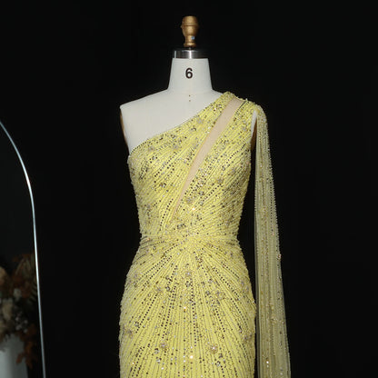 Yellow Black One-Shoulder Mermaid Evening Gown with Yellow Flowing Cape — Riviera Couture GCC Luxury Evening Gown