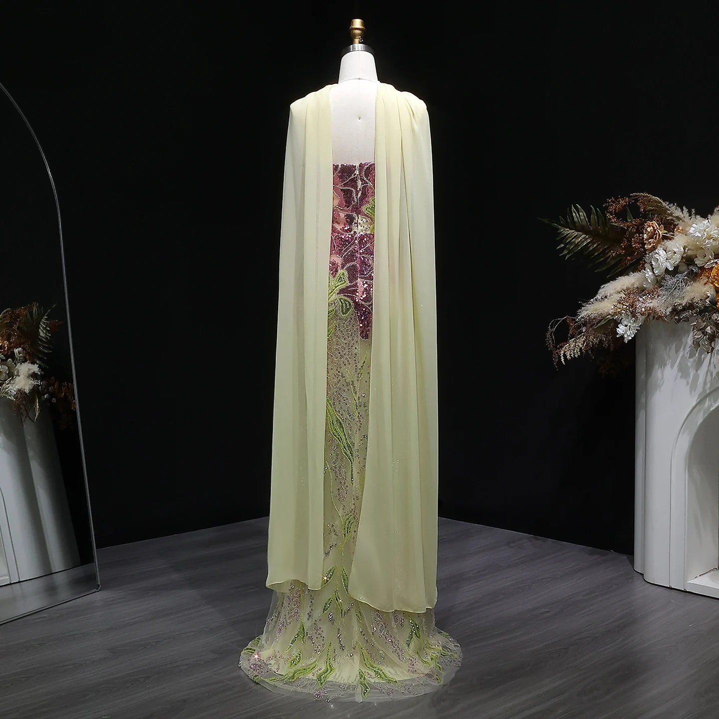 Beaded Sequined Mermaid Evening Gown with Scarf — GCC Luxury — Riviera Couture GCC Luxury Evening Gown
