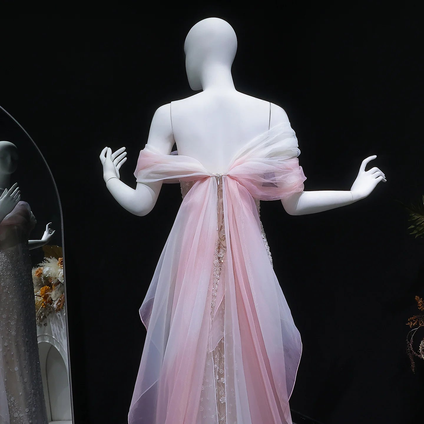 Blush Pink Off-Shoulder Sequined Evening Gown with Cape — GCC Wedding Formal — Riviera Couture GCC Luxury Evening Gown