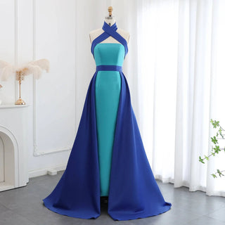 Royal Blue Contrast Turquoise Halter Neck Evening Dress with Overskirt - Riviera Couture