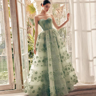 Sage Green 3D Flowers Evening Dress with Cape - Riviera Couture