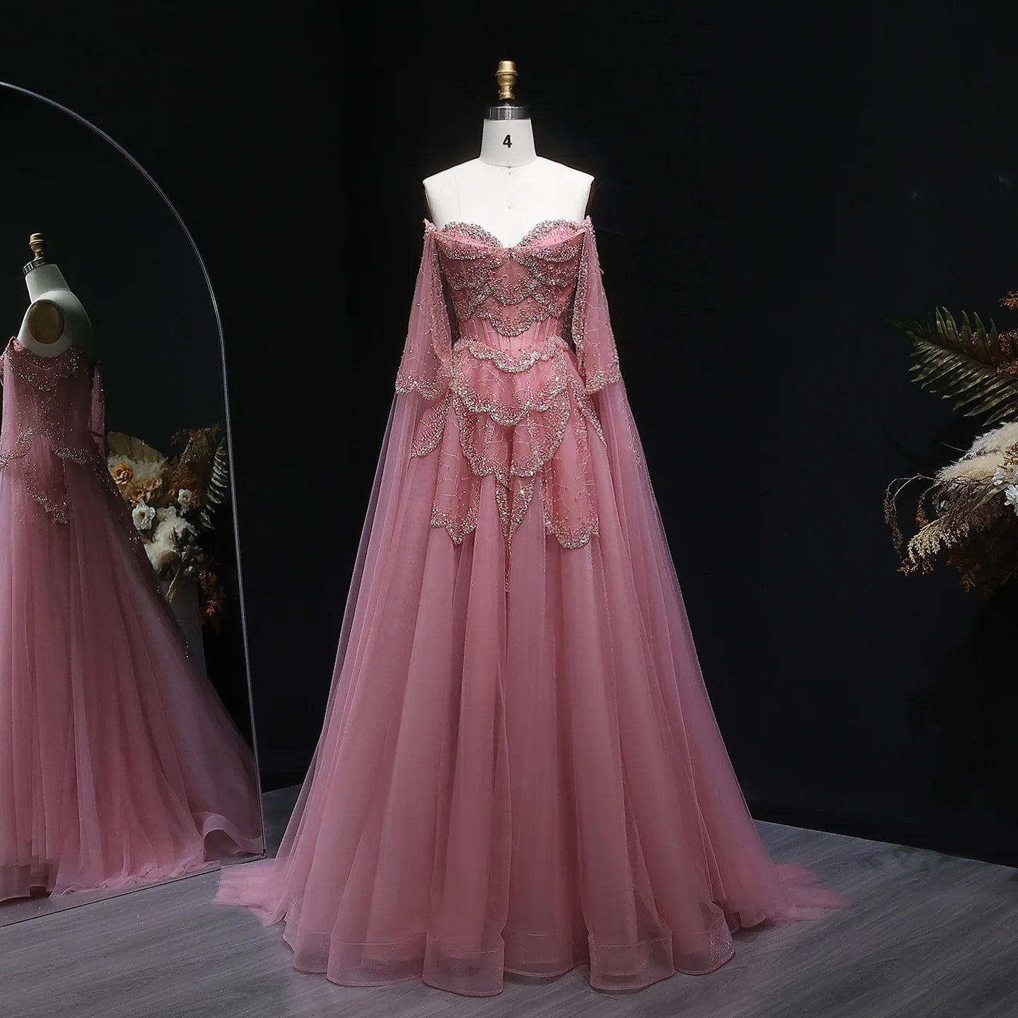 Burgundy Sage Green Sweetheart Evening Gown with Cape Sleeves — GCC Formal — Riviera Couture GCC Luxury Evening Gown