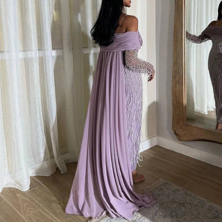 Luxury Tassel Lilac Midi Formal Evening Dress with Long Sleeves - Riviera Couture