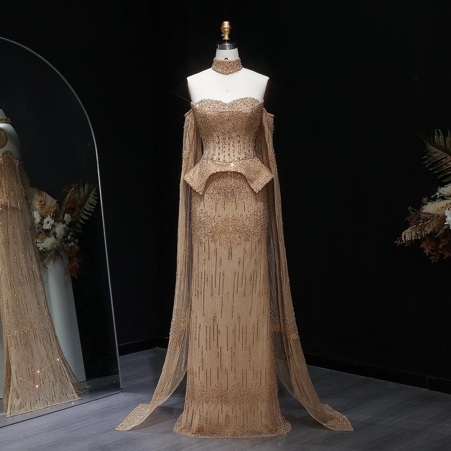 Lilac Grey Crystal Off-Shoulder Evening Gown with Cape Sleeves — 2026 — Riviera Couture GCC Luxury Evening Gown