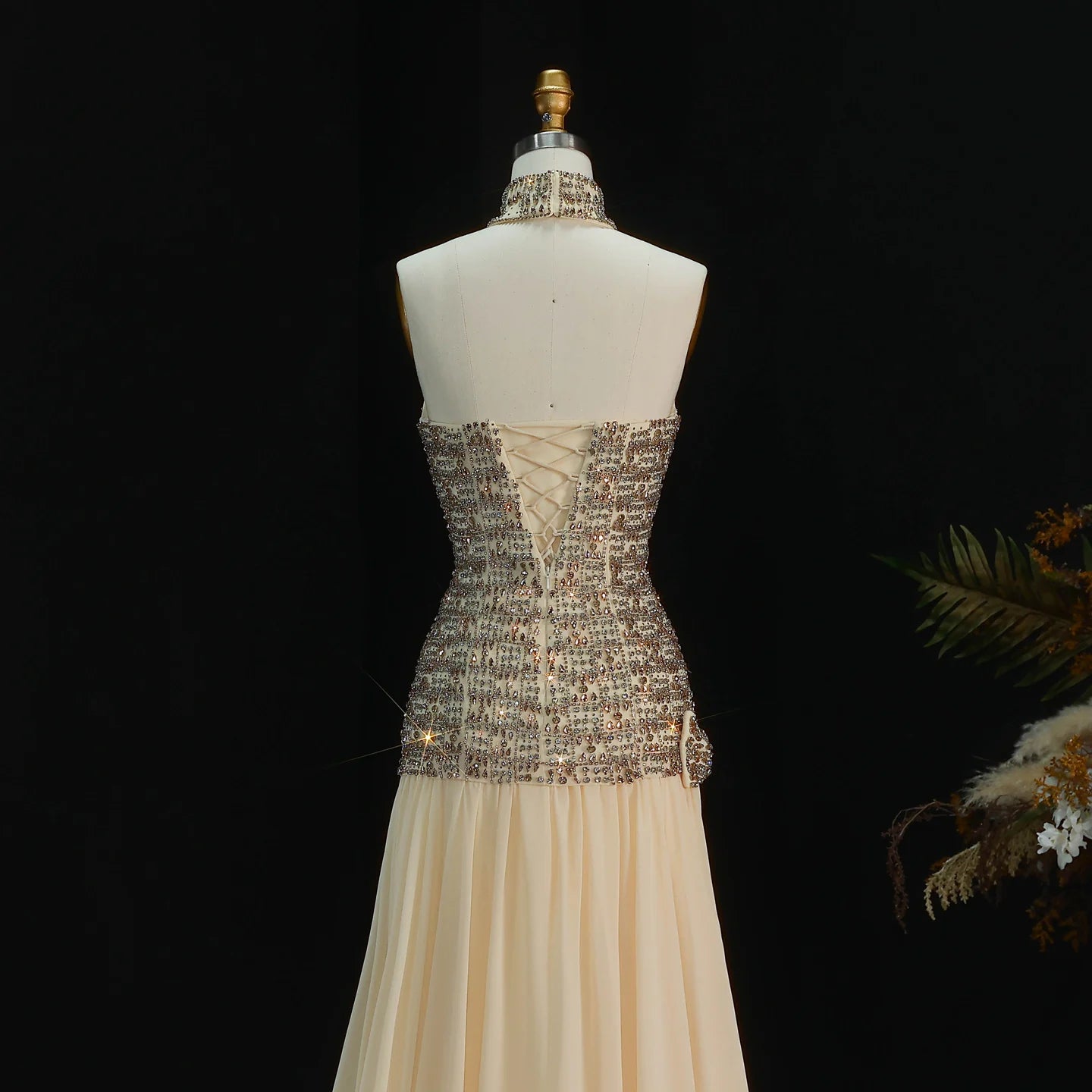 Gold Dubai A-Line Evening Gown — Beaded Crystal Bow Arabic Formal 2026 — Riviera Couture GCC Luxury Evening Gown