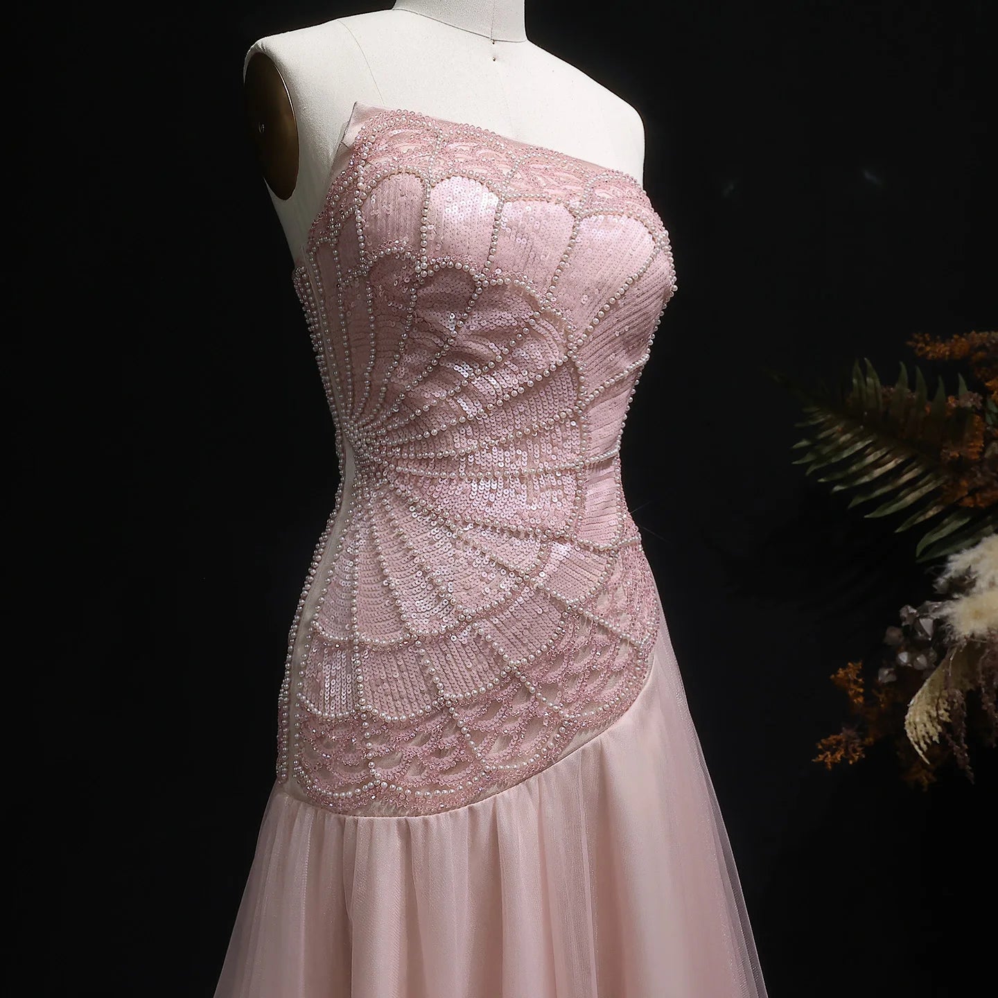 Pink Pink Strapless A-Line Evening Gown — Luxury Beaded Arabic GCC — Riviera Couture GCC Luxury Evening Gown