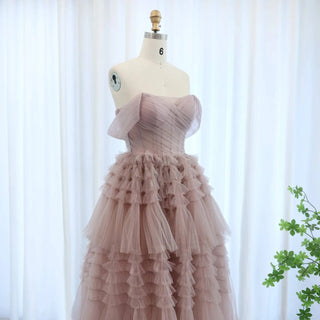 Pink Off Shoulder Ruffles Evening Dress - Riviera Couture