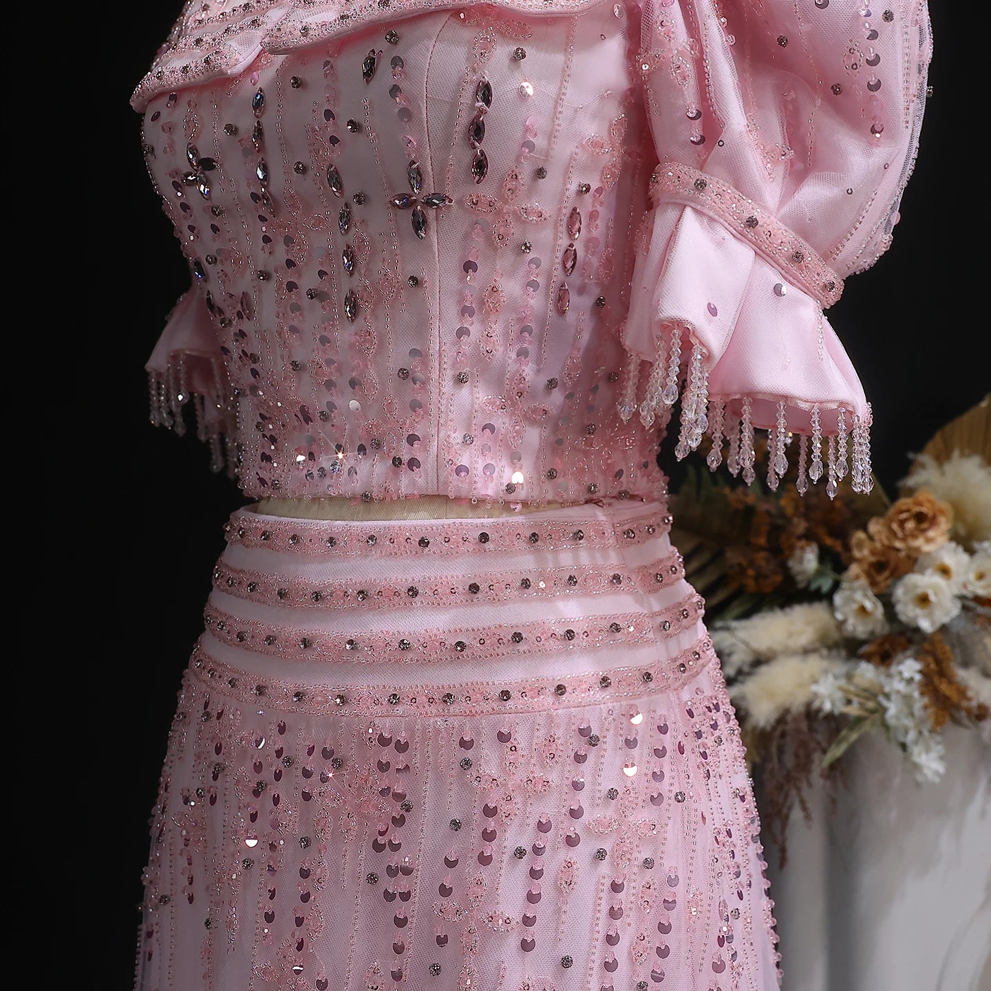 Pink Pink Two-Piece Evening Gown — Short Sleeve Square Collar Arabic — Riviera Couture GCC Luxury Evening Gown