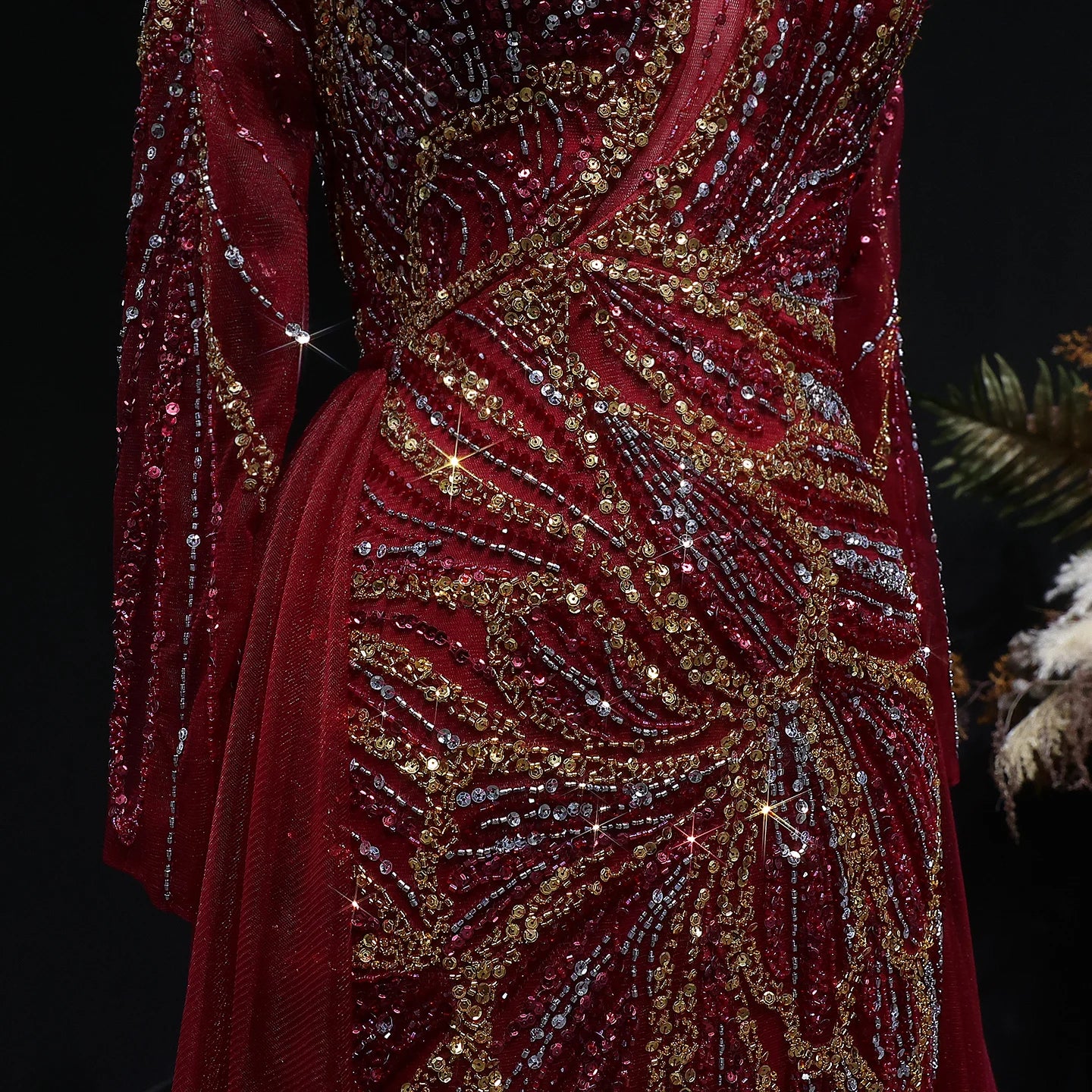 Wine Red Beaded Long Sleeve Evening Gown with Overskirt and Side Slit — Riviera Couture GCC Luxury Evening Gown