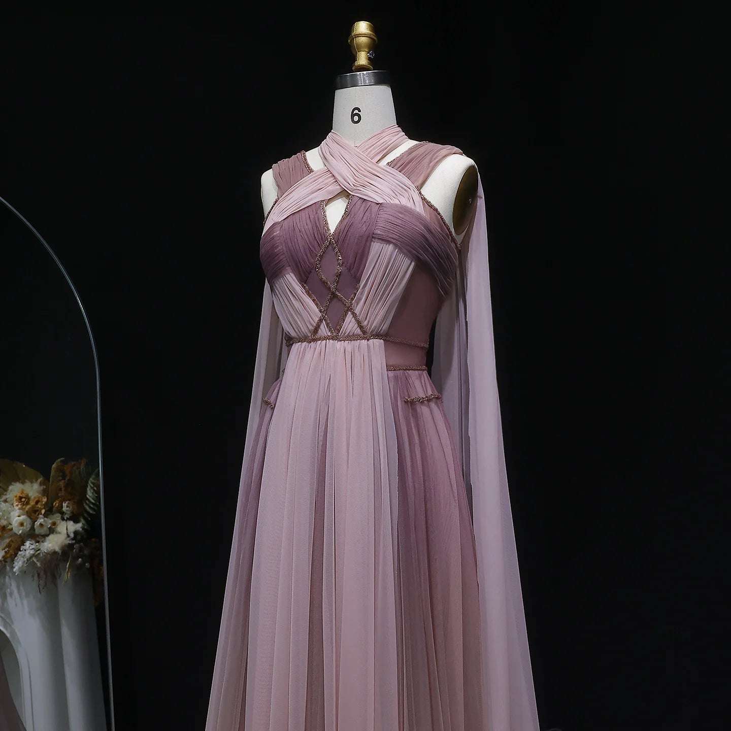 Ombre Pink Ombré Pink Cape Sleeve Evening Gown — Criss-Cross Halter Backless — Riviera Couture GCC Luxury Evening Gown