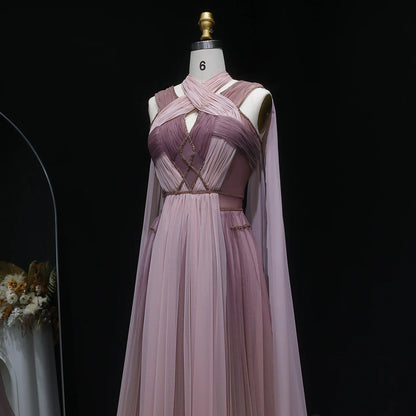 Ombre Pink Ombré Pink Cape Sleeve Evening Gown — Criss-Cross Halter Backless — Riviera Couture GCC Luxury Evening Gown