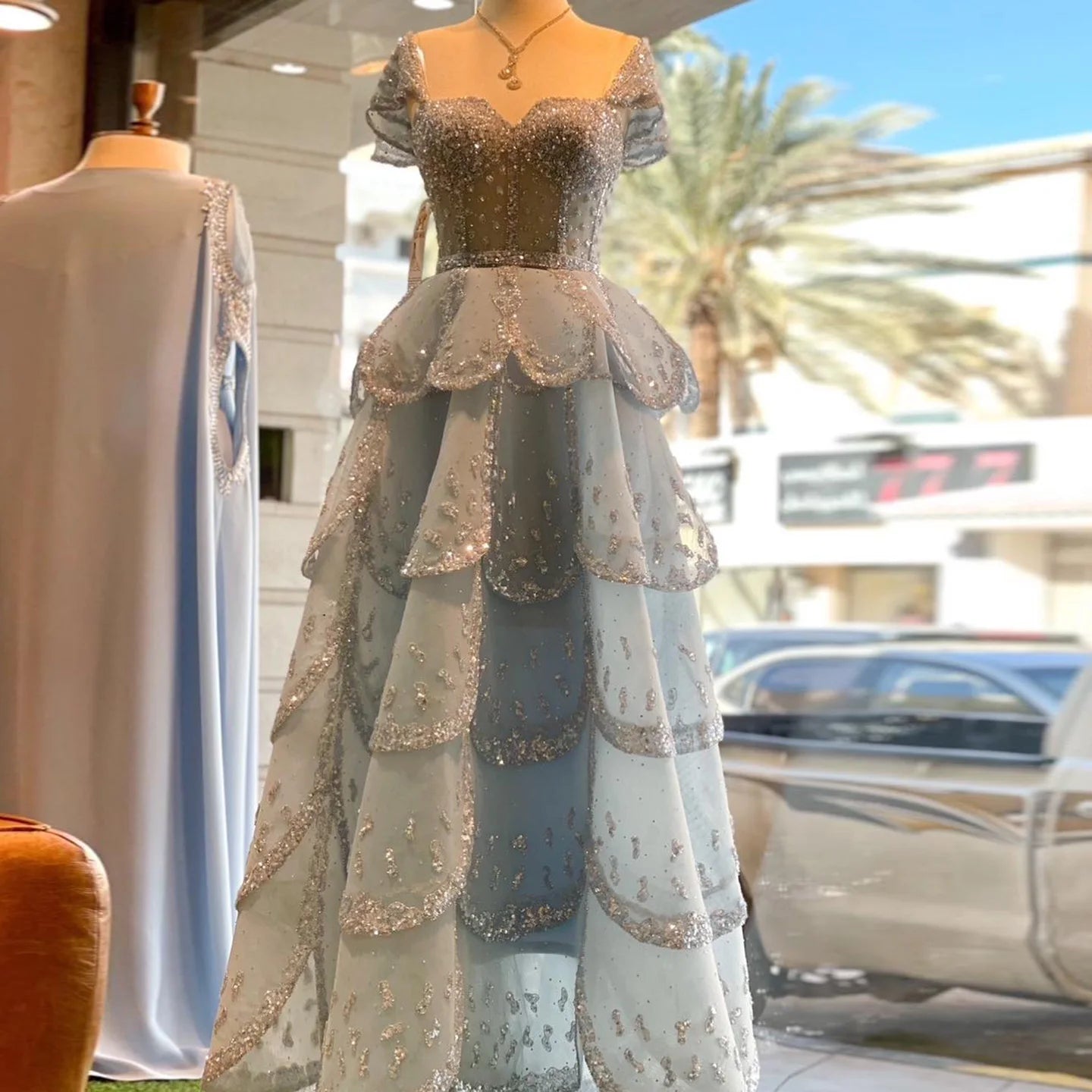 Light Blue Off-Shoulder Tiered Ruffle Evening Gown — Luxury Beaded Arabic — Riviera Couture GCC Luxury Evening Gown