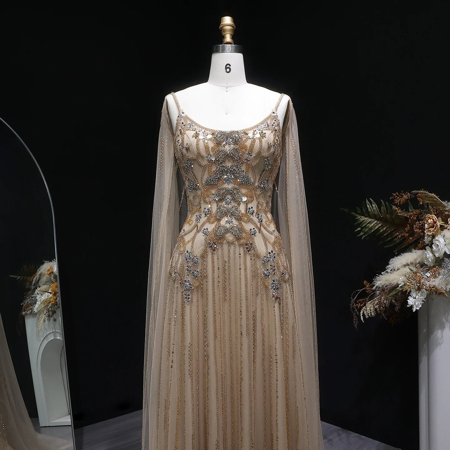 Champagne Crystal Beaded Evening Gown with Cape — Luxury GCC Wedding Formal — Riviera Couture GCC Luxury Evening Gown