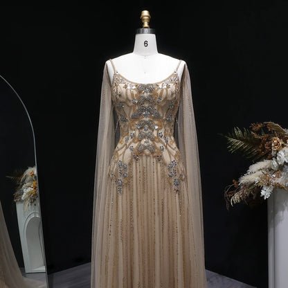 Champagne Crystal Beaded Evening Gown with Cape — Luxury GCC Wedding Formal — Riviera Couture GCC Luxury Evening Gown