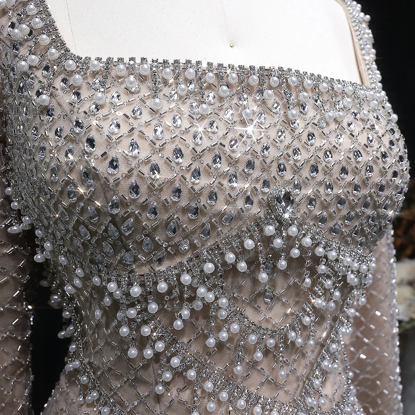 Gray Champagne Crystal Long Sleeve Evening Gown — Dubai Arabic Luxury — Riviera Couture GCC Luxury Evening Gown