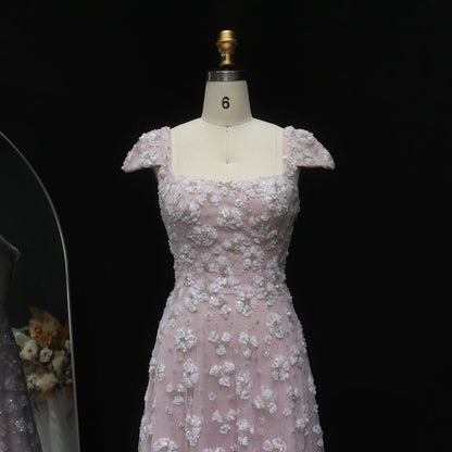 Pink Pink Floral A-Line Evening Gown — Square Neck Beaded Flowers GCC — Riviera Couture GCC Luxury Evening Gown