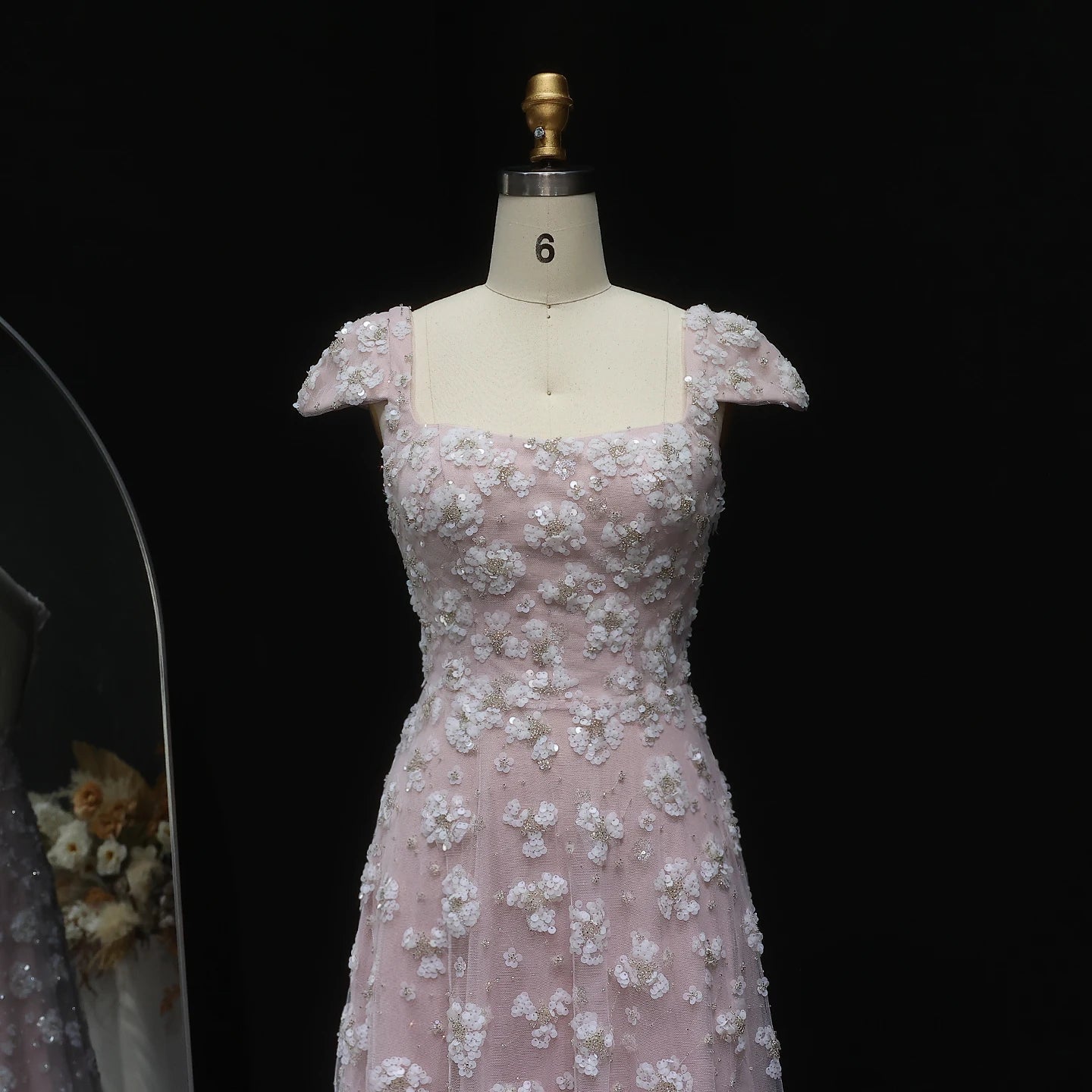 Pink Light Pink Floral Evening Gown — Square Neck Open Back GCC Wedding — Riviera Couture GCC Luxury Evening Gown