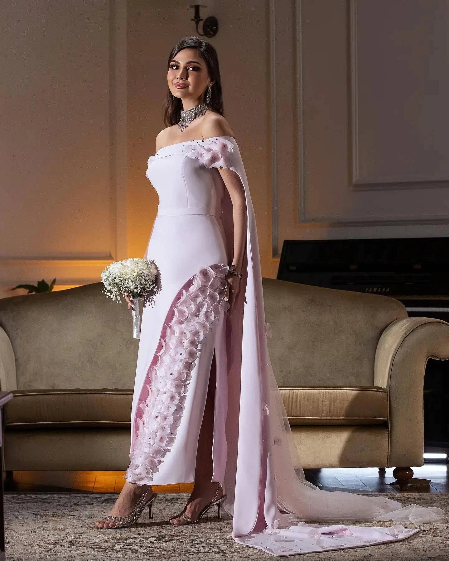 Elegant Off Shoulder Blush Pink 3D Flowers Evening Dress - Riviera Couture