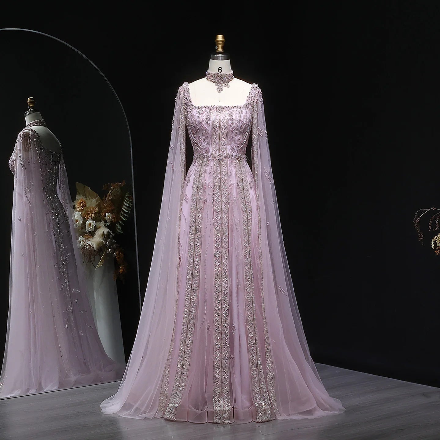 Blue Nude Arabic Evening Gown with Cape Sleeves and Wine Red Choker — Riviera Couture GCC Luxury Evening Gown