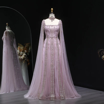 Blue Nude Arabic Evening Gown with Cape Sleeves and Wine Red Choker — Riviera Couture GCC Luxury Evening Gown