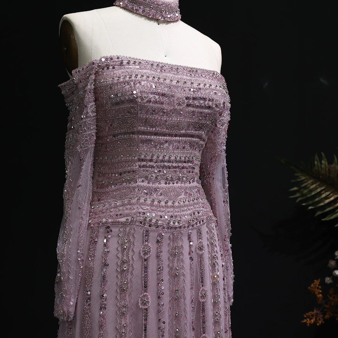 Pink Pink Off-Shoulder Evening Gown with Choker — Heavy Beaded Long Sleeve — Riviera Couture GCC Luxury Evening Gown