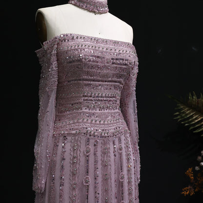 Pink Pink Off-Shoulder Evening Gown with Choker — Heavy Beaded Long Sleeve — Riviera Couture GCC Luxury Evening Gown