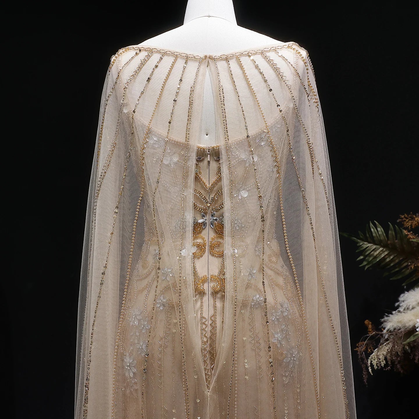 Champagne Crystal Beaded Evening Gown with Cape — Luxury GCC Wedding Formal — Riviera Couture GCC Luxury Evening Gown