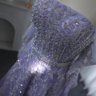 Beaded Lilac Evening Dress with Sleeve Gloves - Riviera Couture