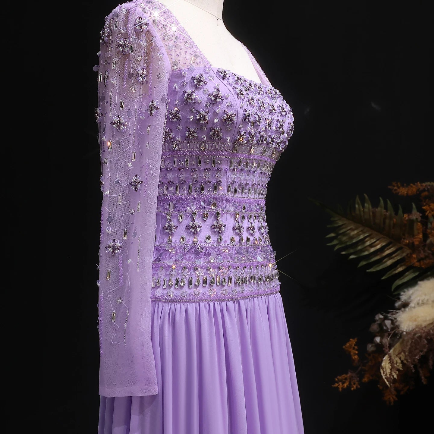 Green Long Sleeves Lilac Beaded Strapless Evening Gown with Flowing Chiffon Skirt — Riviera Couture GCC Luxury Evening Gown