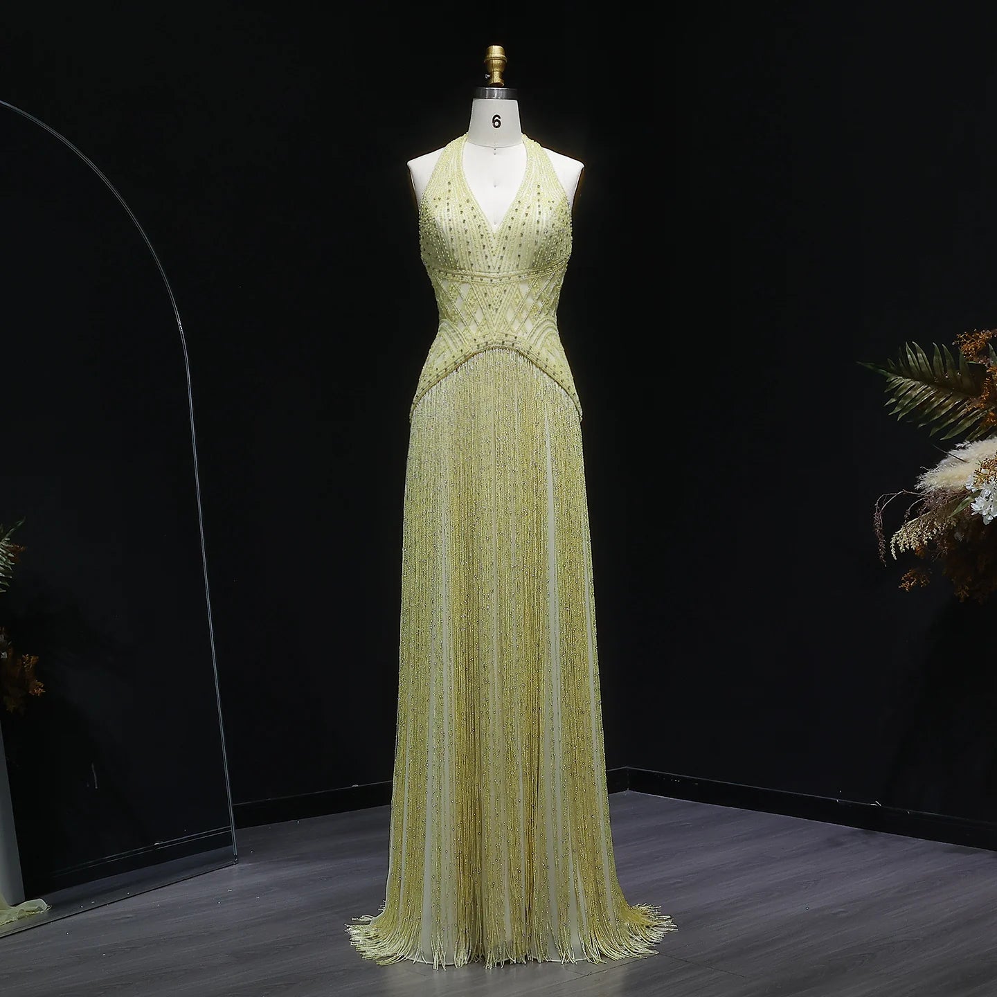 Yellow Yellow Mermaid Evening Gown — Beaded Tassel Halter V-Neck GCC — Riviera Couture GCC Luxury Evening Gown