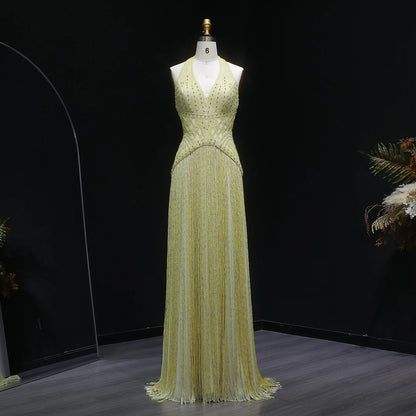Yellow Yellow Mermaid Evening Gown — Beaded Tassel Halter V-Neck GCC — Riviera Couture GCC Luxury Evening Gown