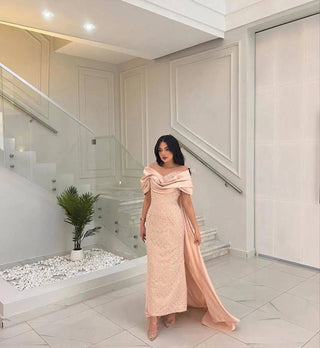 Elegant Off Shoulder Peach Arabic Evening Dress with Cape Ankle Length - Riviera Couture