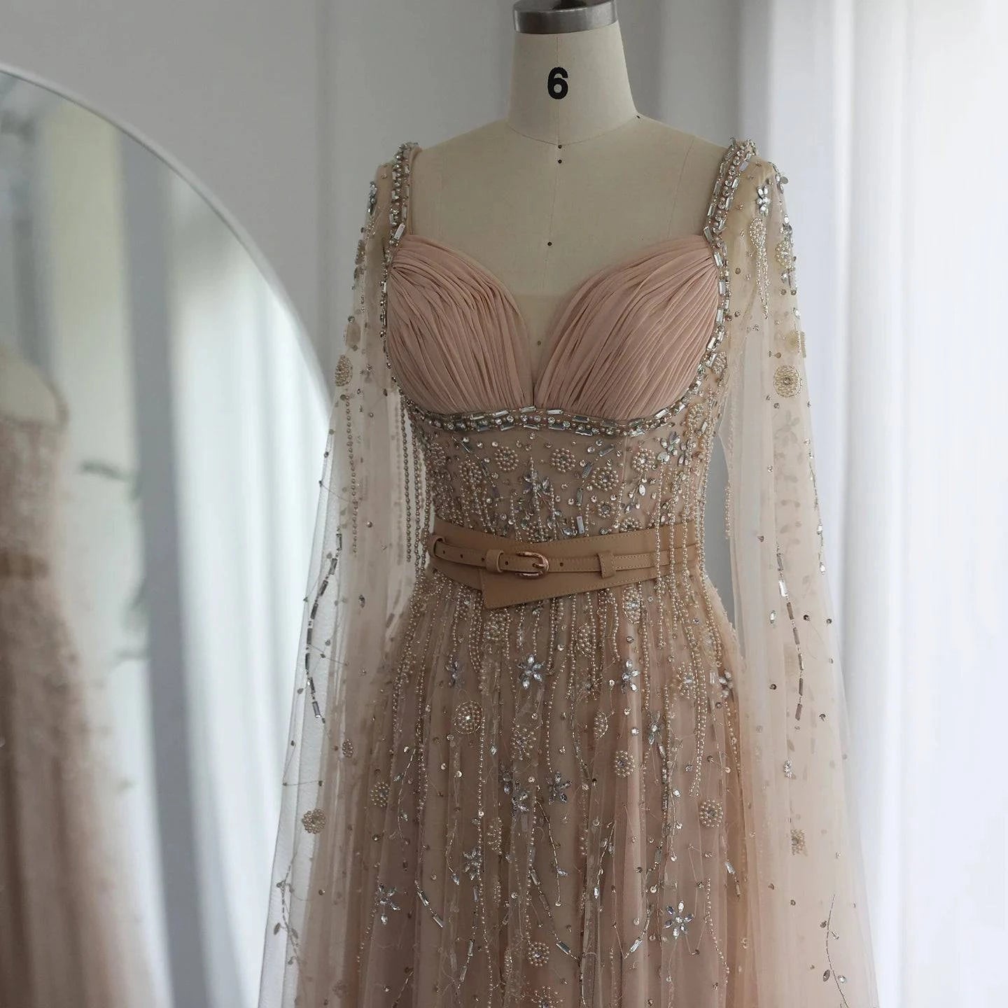 Beaded Champagne Dress with Belt - RC11 - Riviera Couture