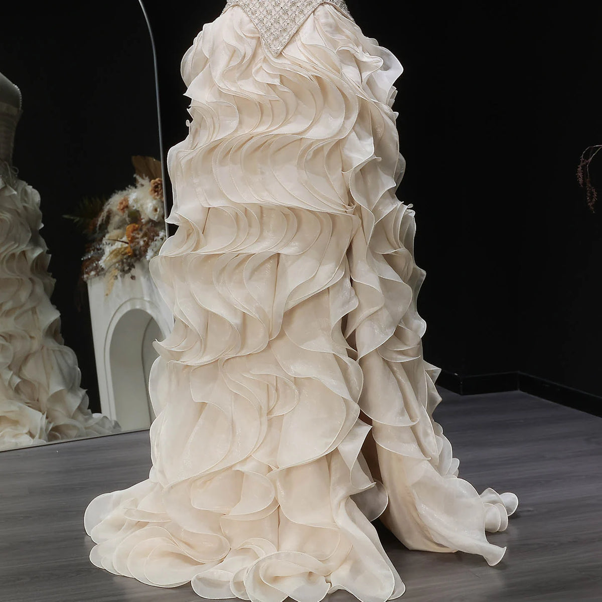 Multilayer Ruffle Gown Long Tiered Ruffle Evening Gown | Beaded | Riviera Couture