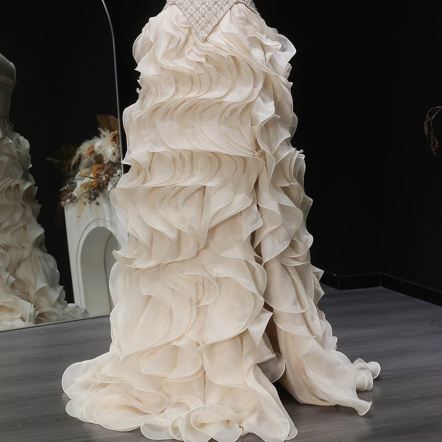 Tiered Ruffle Evening Gown — Beaded Pearl GCC Luxury Formal — Riviera Couture GCC Luxury Evening Gown