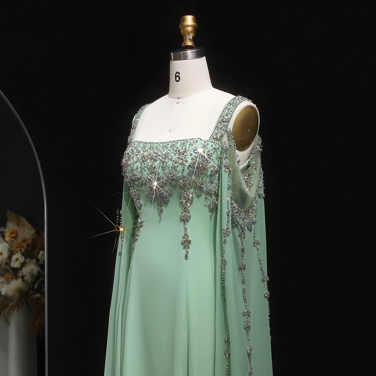 Green Blue Crystal Evening Gown with Flowing Cape Sleeve — Arabic Luxury — Riviera Couture GCC Luxury Evening Gown