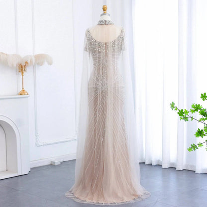 Silver Nude Gown with Tassels and Crystals - Riviera Couture