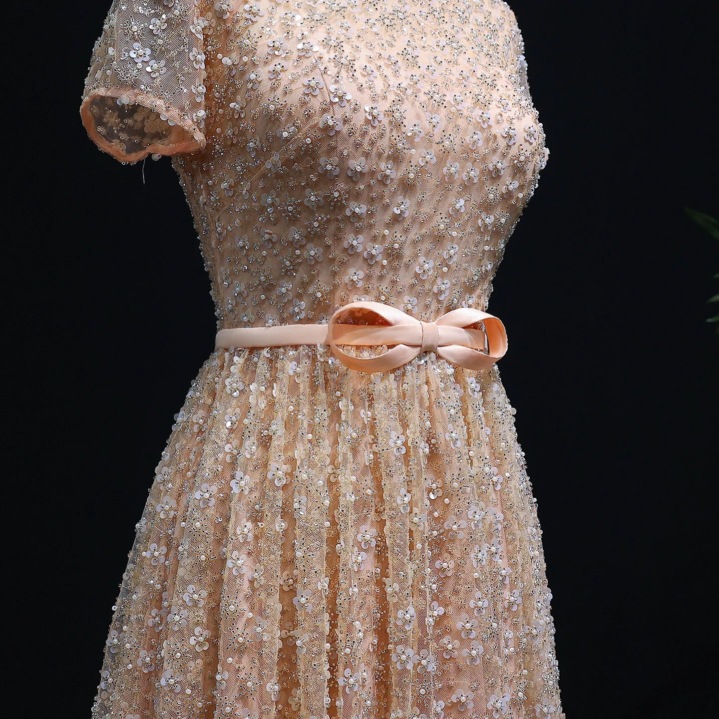 Peach Peach Embroidered Evening Gown with Bow — Luxury Beaded Arabic — Riviera Couture GCC Luxury Evening Gown