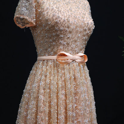 Peach Peach Embroidered Evening Gown with Bow — Luxury Beaded Arabic — Riviera Couture GCC Luxury Evening Gown