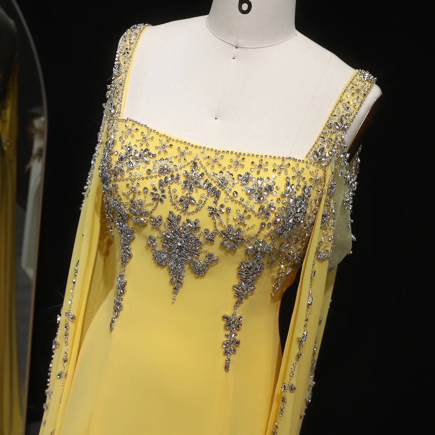 Green Blue Crystal Evening Gown with Flowing Cape Sleeve — Arabic Luxury — Riviera Couture GCC Luxury Evening Gown