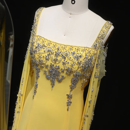 Green Blue Crystal Evening Gown with Flowing Cape Sleeve — Arabic Luxury — Riviera Couture GCC Luxury Evening Gown