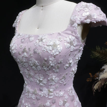 Light Pink Floral Evening Gown — Square Neck Open Back GCC Wedding — Riviera Couture GCC Luxury Evening Gown