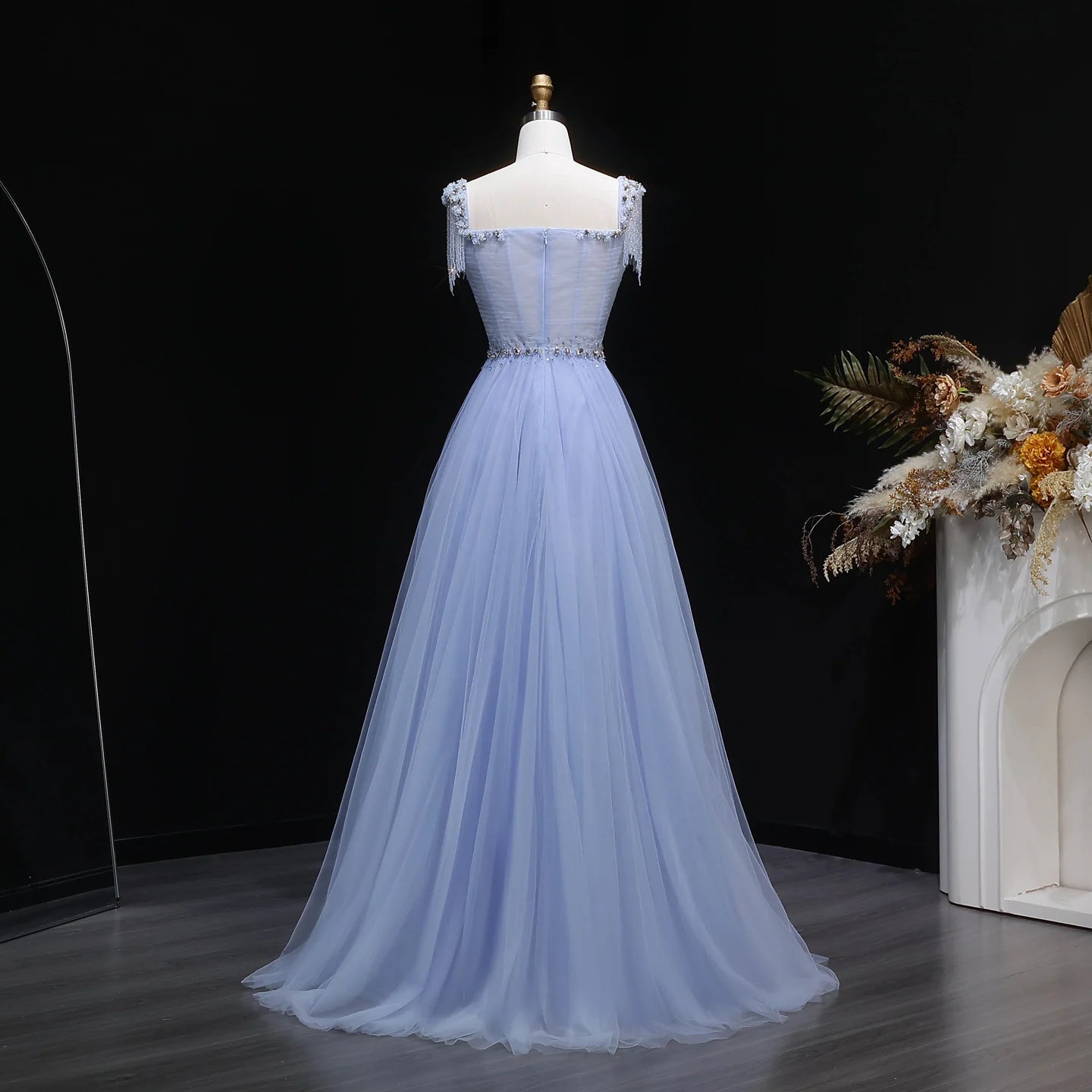Blue A-Line Evening Gown — Tassel Beaded Crystal GCC Luxury 2026 — Riviera Couture GCC Luxury Evening Gown