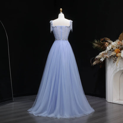 Blue A-Line Evening Gown — Tassel Beaded Crystal GCC Luxury 2026 — Riviera Couture GCC Luxury Evening Gown