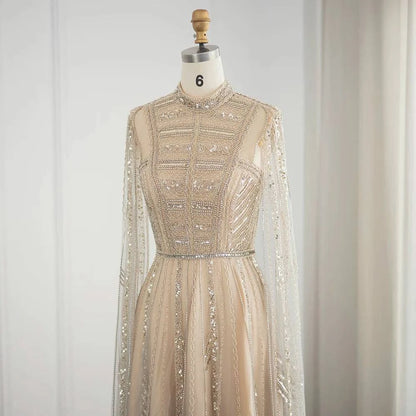 High Neck Cape Sleeve Gown - Riviera Couture
