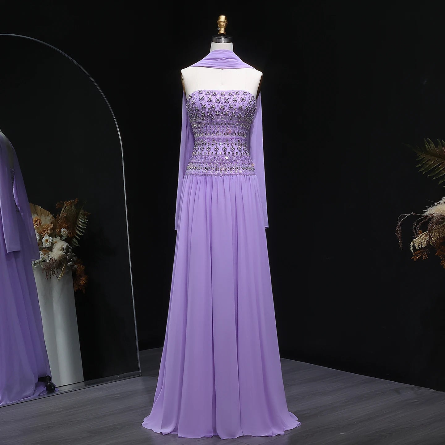 Lilac Long Sleeves Lilac Beaded Strapless Evening Gown with Flowing Chiffon Skirt — Riviera Couture GCC Luxury Evening Gown