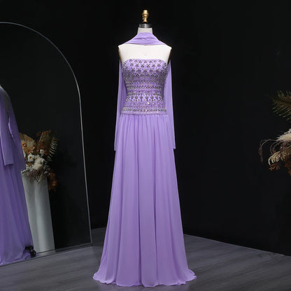 Lilac Long Sleeves Lilac Beaded Strapless Evening Gown with Flowing Chiffon Skirt — Riviera Couture GCC Luxury Evening Gown